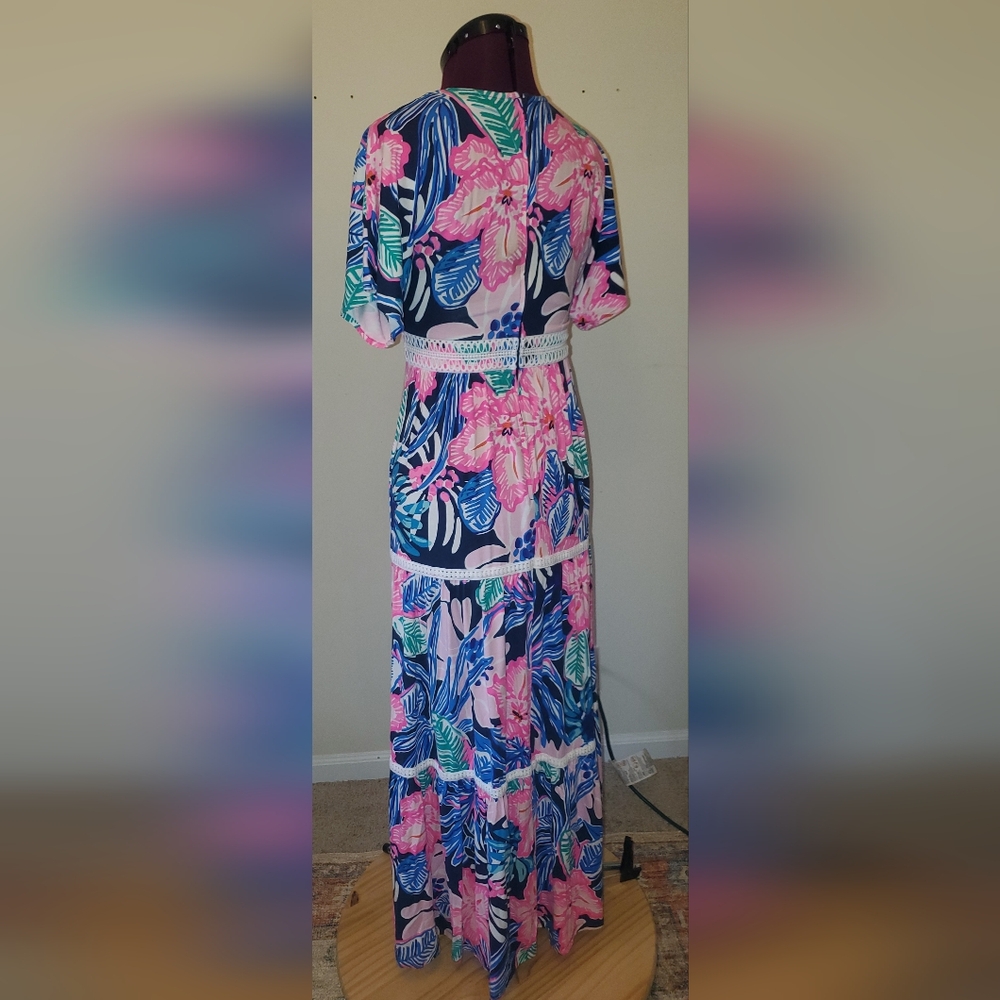 Lilly Pulitzer Pink & Blue Maribella Wrap Maxi Dress Sz 0 - Picture 4 of 11